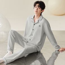 新款莫代尔男士睡衣春秋季长袖休闲简约开衫翻领家居服套装凉感