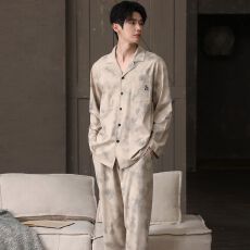 批发春秋新款<b class='q'>纯棉</b>男士长袖长裤开衫翻领<b class='q'>睡衣</b>7A抗菌时尚休闲男家居服