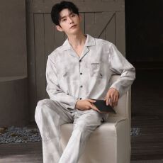 批发春秋新款<b class='q'>纯棉</b>男士长袖长裤开衫翻领<b class='q'>睡衣</b>7A抗菌时尚休闲男家居服