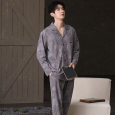 批发春秋新款<b class='q'>纯棉</b>男士长袖长裤开衫翻领<b class='q'>睡衣</b>7A抗菌时尚休闲男家居服