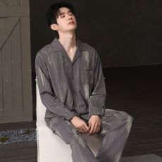批发春秋新款<b class='q'>纯棉</b>男士长袖长裤开衫翻领<b class='q'>睡衣</b>7A抗菌时尚休闲男家居服