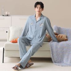 批发春秋新款<b class='q'>纯棉</b>男士长袖长裤开衫翻领<b class='q'>睡衣</b>时尚休闲男家居服