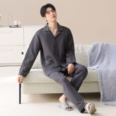 批发春秋新款<b class='q'>纯棉</b>男士长袖长裤开衫翻领<b class='q'>睡衣</b>时尚休闲男家居服