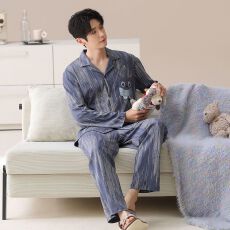 批发春秋新款<b class='q'>纯棉</b>男士长袖长裤开衫翻领<b class='q'>睡衣</b>时尚休闲男家居服