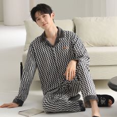 批发春秋新款<b class='q'>纯棉</b>男士长袖长裤开衫翻领<b class='q'>睡衣</b>时尚休闲男家居服