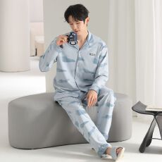 批发春秋新款<b class='q'>纯棉</b>男士长袖长裤开衫翻领<b class='q'>睡衣</b>时尚休闲男家居服