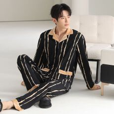 春秋新款纯棉男士长袖长裤开衫翻领睡衣时尚休闲男家居服