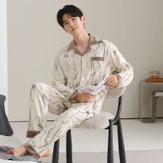 春秋新款纯棉男士长袖长裤开衫翻领睡衣时尚休闲男家居服