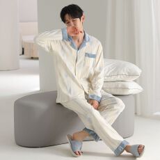 春秋新款纯棉男士长袖长裤开衫翻领睡衣时尚休闲男家居服