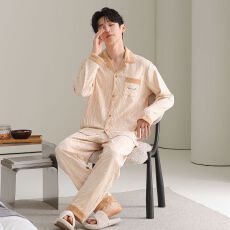 春秋新款纯棉男士长袖长裤开衫翻领睡衣时尚休闲男家居服