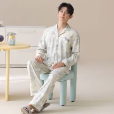 春秋新款纯棉男士长袖长裤开衫翻领睡衣时尚休闲男家居服