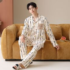 春秋新款纯棉男士长袖长裤开衫翻领睡衣时尚休闲男家居服