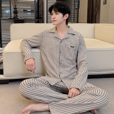 批发秋冬睡衣男款可外穿梭织糯米绒中青年开衫绣花家居服套装