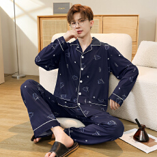 秋季新款男士睡衣长袖长裤仿棉加厚宽松开衫翻领加肥加大码套装