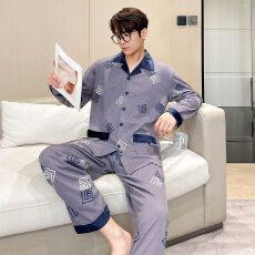 批发男款精梳棉长袖长裤春秋两件套简约印花翻领开衫家居服外出带门襟