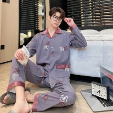 批发男款精梳棉长袖长裤春秋两件套简约印花翻领开衫家居服外出带门襟