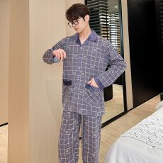 批发男款精梳棉长袖长裤春秋两件套简约印花翻领开衫家居服外出带门襟