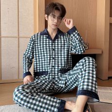 批发男款针织棉长袖长裤春秋两件套简约印花翻领开衫家居服外出带门襟