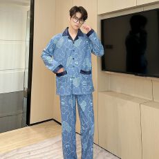 批发男款精梳棉长袖长裤春秋两件套简约印花翻领开衫家居服外出带门襟