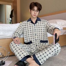 批发男款针织棉长袖长裤春秋两件套简约印花翻领开衫家居服外出带门襟