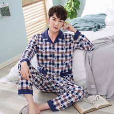 批发男款针织棉长袖长裤春秋两件套简约印花翻领开衫家居服外出带门襟