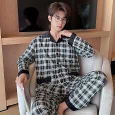 批发男款针织棉长袖长裤春秋两件套简约印花翻领开衫家居服外出带门襟