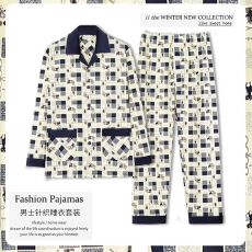 批发男款针织棉长袖长裤春秋两件套简约印花翻领开衫家居服外出带门襟