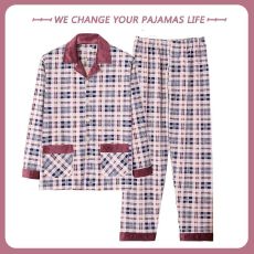 批发男款针织棉长袖长裤春秋两件套简约印花翻领开衫家居服外出带门襟