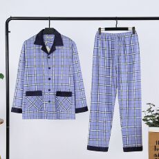 批发男款精梳棉长袖长裤春秋两件套简约印花翻领开衫家居服外出带门襟