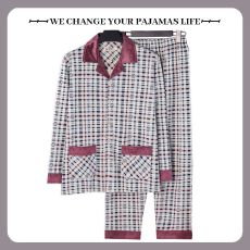 批发男款针织棉长袖长裤春秋两件套简约印花翻领开衫家居服外出带门襟