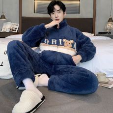 批发-2025年睡衣<b class='q'>男士</b>秋冬季新款拉链圆领长毛绒长袖长裤可外穿