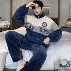 批发2025年睡衣<b class='q'>男士</b>秋冬季新款拉链圆领长毛绒长袖长裤可外穿