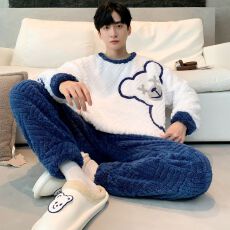 批发2025年睡衣<b class='q'>男士</b>秋冬季新款提花圆领长毛绒长袖长裤可外穿