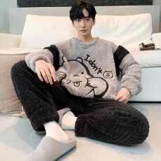 批发2025年睡衣<b class='q'>男士</b>秋冬季新款提花圆领长毛绒长袖长裤可外穿