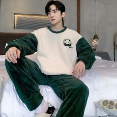 批发2025年睡衣<b class='q'>男士</b>秋冬季新款长毛绒圆领印花长袖长裤可外穿