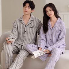 批发春季新款6040双面棉翻领开衫双长<b class='q'>睡衣</b>男女<b class='q'>情侣</b><b class='q'>套装</b>