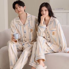 批发春季新款6040双面棉翻领开衫双长<b class='q'>睡衣</b>男女<b class='q'>情侣</b><b class='q'>套装</b>