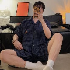 批发夏季新款梭织棉<b class='q'>情侣</b><b class='q'>高级</b>感短袖短裤宽松300斤可穿套装