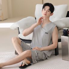 批发<b class='q'>男士</b>无袖<b class='q'>背心</b>短裤套装2026夏季透气莱赛尔简约风家居服夏天家居服