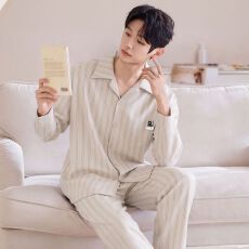 批发2026年春季新款纯棉翻领开衫长袖长裤睡衣男女情侣休闲套装