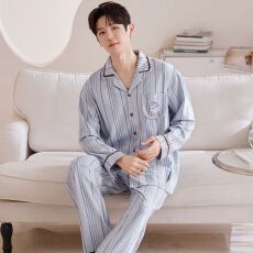 批发2026年春季新款纯棉翻领开衫长袖长裤睡衣男女情侣休闲套装