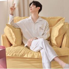 批发2026年春季新款纯棉翻领开衫长袖长裤睡衣男女情侣休闲套装