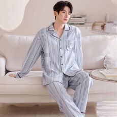 批发2026年春季新款纯棉翻领开衫长袖长裤睡衣男女情侣休闲套装