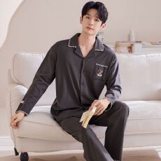 批发2026年春季新款纯棉翻领开衫长袖长裤睡衣男女情侣休闲套装