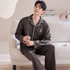 批发2026年春季新款纯棉翻领开衫长袖长裤睡衣男女情侣休闲套装