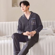 批发2026年春季新款纯棉翻领开衫长袖长裤睡衣男女情侣休闲套装