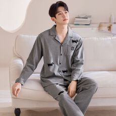 批发2026年春季新款纯棉翻领开衫长袖长裤睡衣男女情侣休闲套装