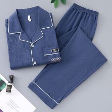 批发云朵棉睡衣男士春夏季开衫长袖长裤两件套休闲简约家居服外穿套装