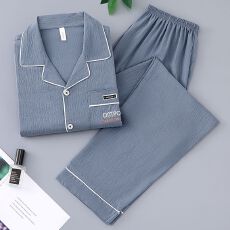 批发云朵棉睡衣男士春夏季开衫长袖长裤两件套休闲简约家居服外穿套装