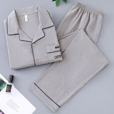 批发云朵棉睡衣男士春夏季开衫长袖长裤两件套休闲简约家居服外穿套装